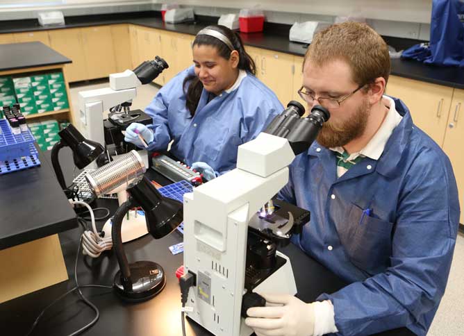 Two students working in the lab at Oakton College.