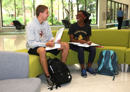 Two students studying on a bench in Des Plaines.